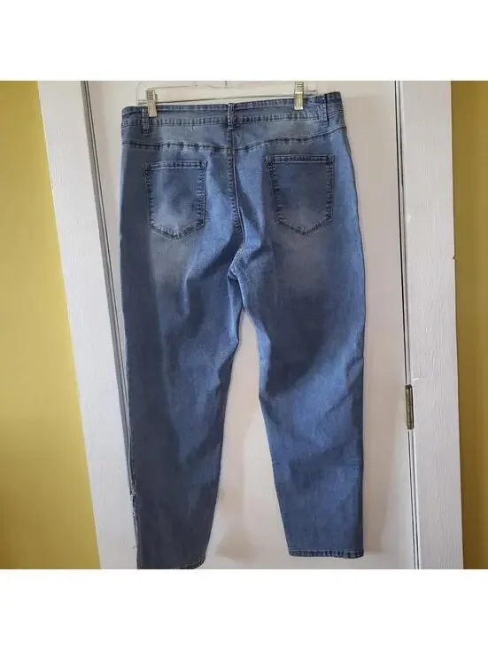 women's blue high-rise straight ankle jeans medium wash unique raw-edged hem XL - Picture 3 of 9